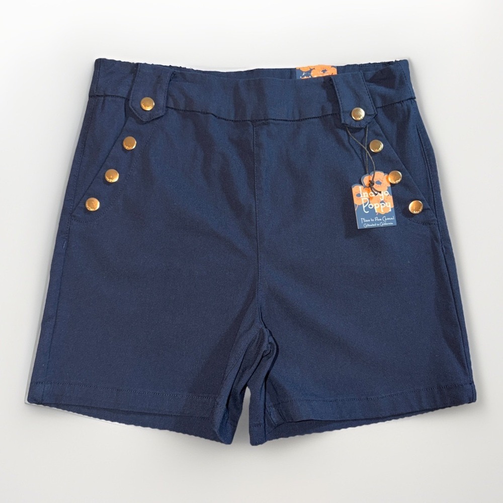 Indigo Poppy Womans Navy Blue Shorts Size 14 Gold Decorative Buttons NWT Stretch